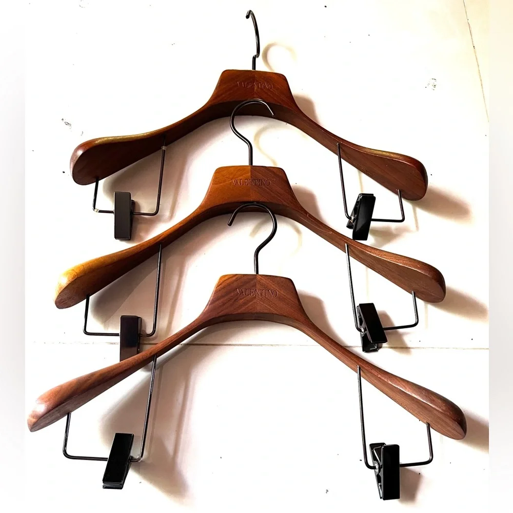 Valentino Brown Wooden Hangers with Metal Clips - Set of Three (3)